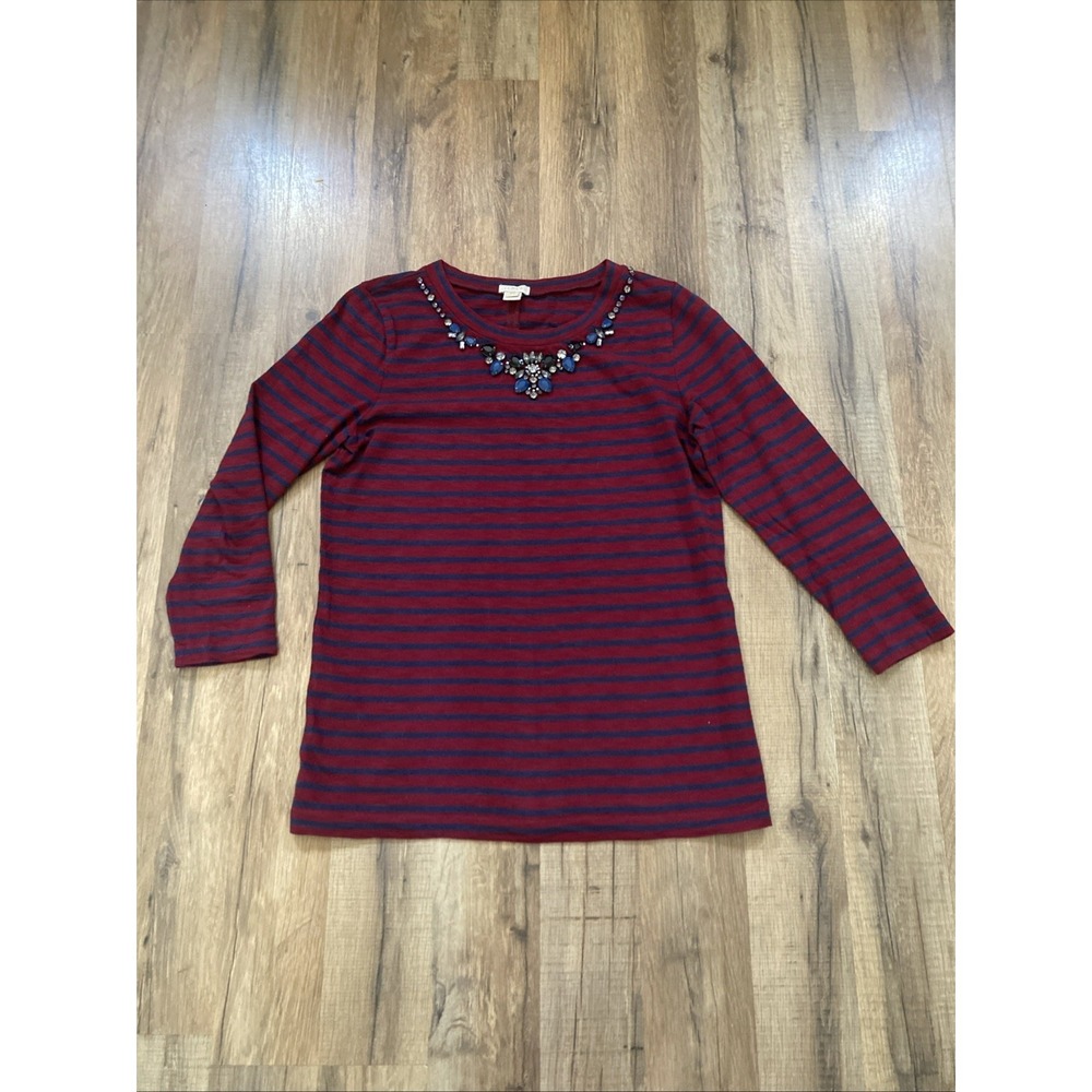 J. Crew Shirt Women's XS Red Blue Striped Jewel Neckline Tunic Cotton Patriotic